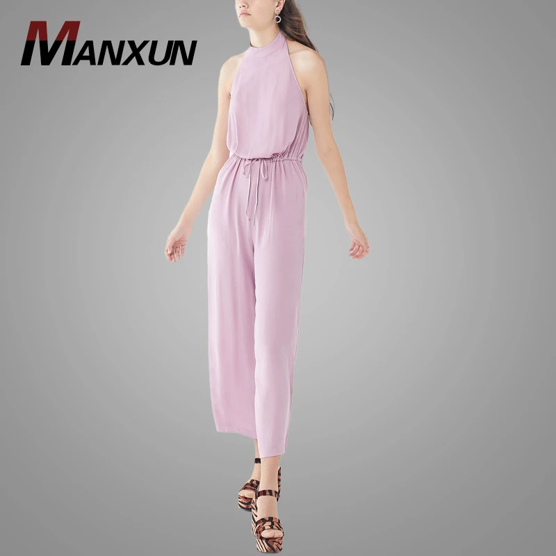 Hot Sale Crepe Halter Casual Ladies Jumpsuit Summer Thin Chiffon O-neck Pink Sexy Party Jumpsuit Women