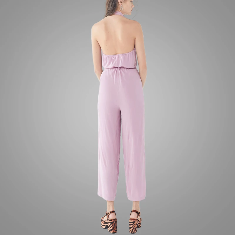 Hot Sale Crepe Halter Casual Ladies Jumpsuit Summer Thin Chiffon O-neck Pink Sexy Party Jumpsuit Women 7