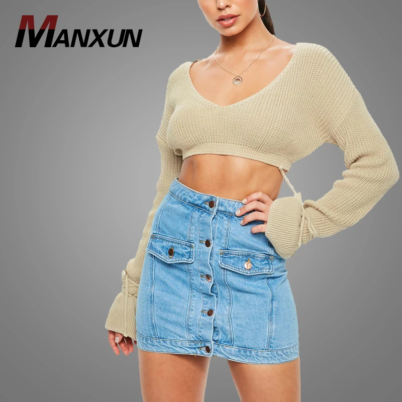 2018 Hot Selling Flare Sleeve Cropped Jumper Knitted Plain Womens Jumper Tops