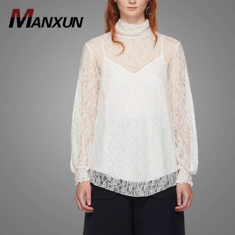 New Fashion Lace High Neck White Lace Blouse Long Sleeve Lace Ladies Blouse Tops