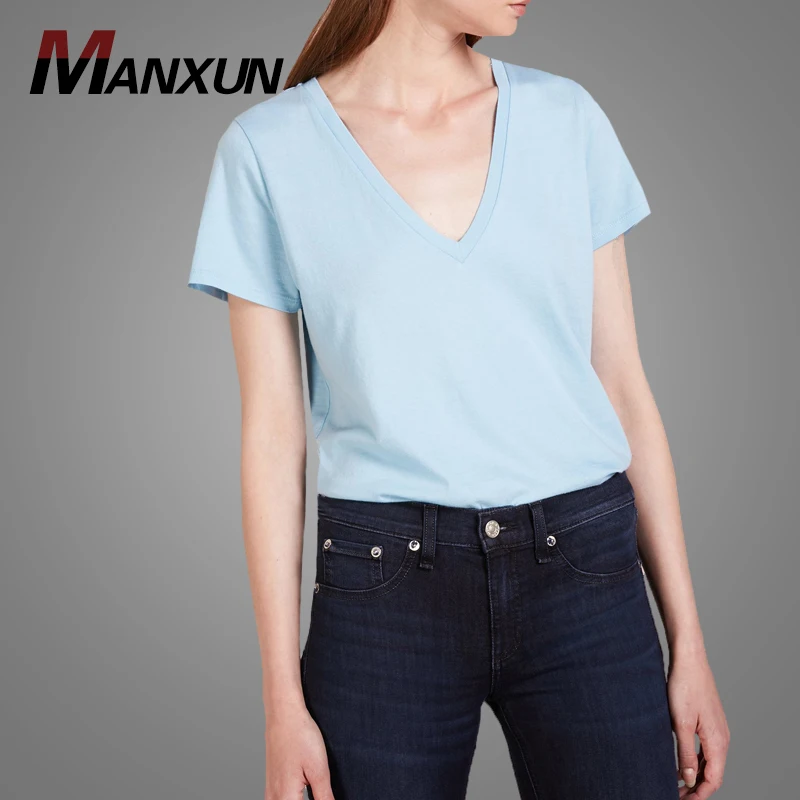 Wholesale New Design Women Custom Short Sleeve Tshirts High Quality Sexy Deep V Neck t shirt For Girls