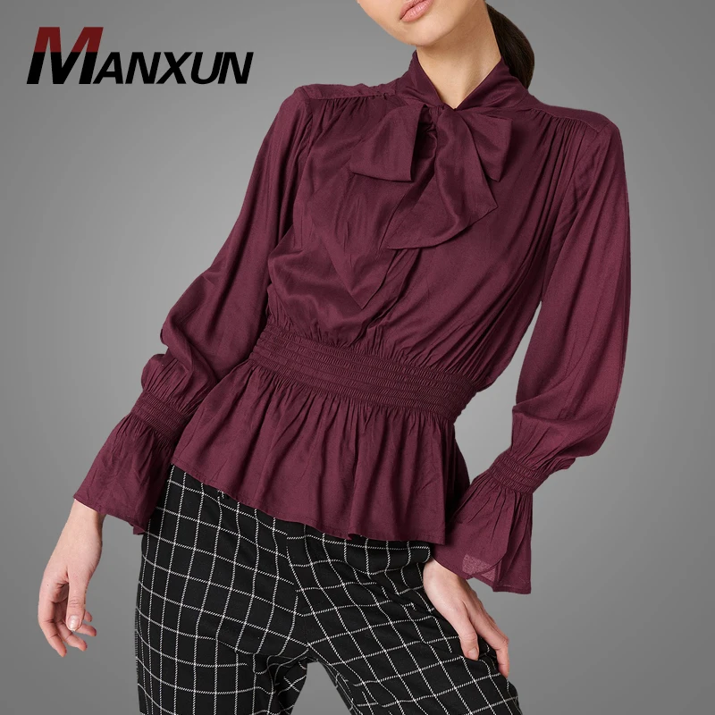 Autumn New Arrival Women Solid Color Burgundy Long Sleeve Blouse Tops Customized Fit Bow Knot Office Blouse Design