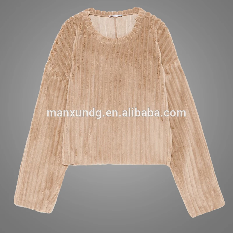 Ribbed Faux Fur Fabric Top Long Sleeves Ladies Crop Top Hoodies Sweatshirts Women 3