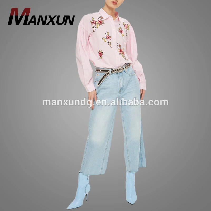 Fashion Embroidered Long Sleeve Classic Women Shirt Pink Cotton Girls Shirt