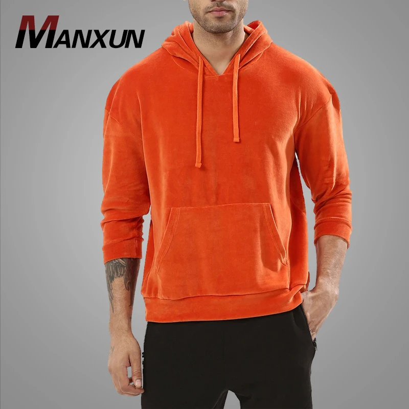 Custom Fashion Design Mens Hoodies Sweatshirt Velour Orange Pullover Velvet Men Hoodie 2018