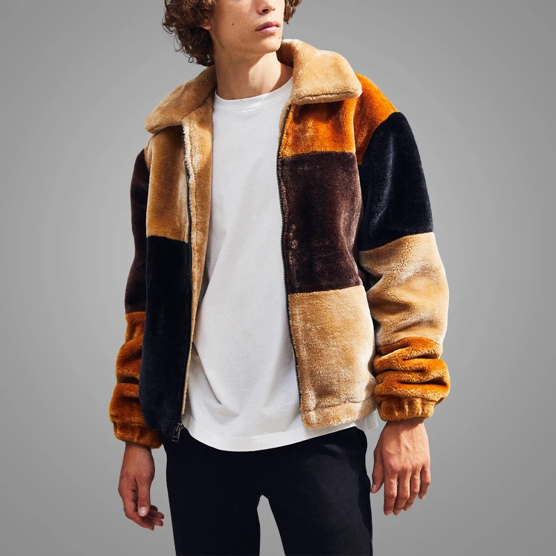 High Quality Color Block Zip-up Fur Men Jacket Coat Plus Size Winter Jackette for Men Apparel
