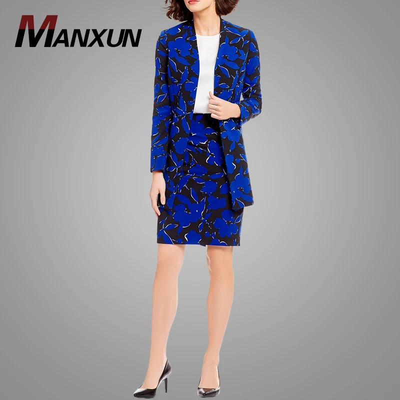 High Quality Blue Floral Print Fashion Womens 2 Piece Set Party Wear Elegant Crepe Lady Jacket and Skirt