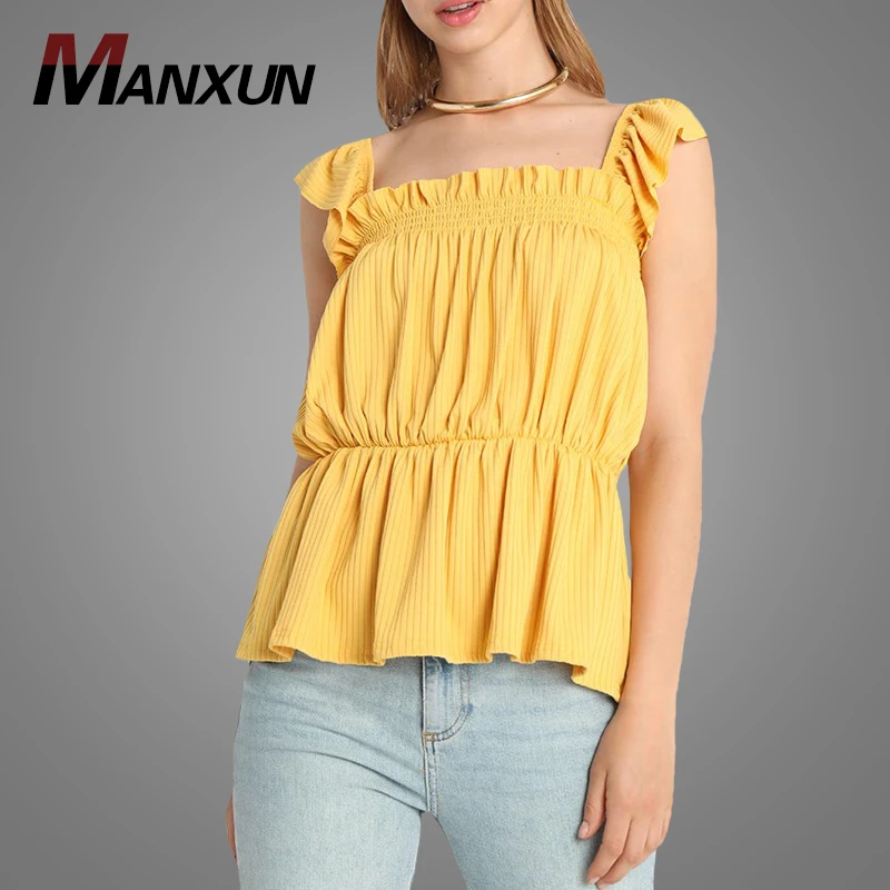 Custom Clothing High Quality Women Sleeveless Square Neck Blouses Tops Fancy Ruffle Straps Crop Tops