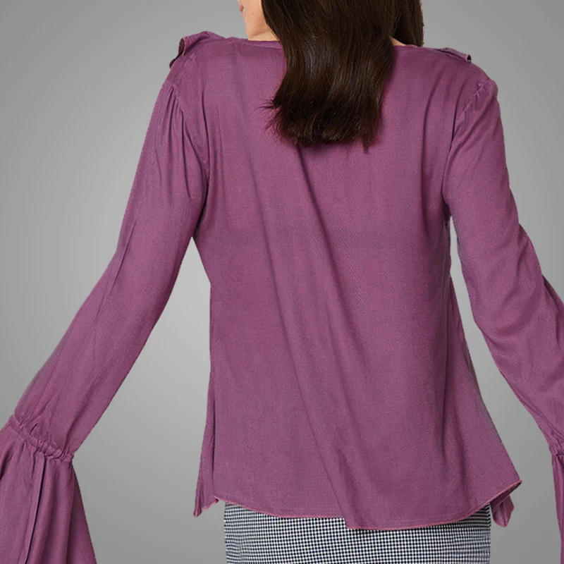 OEM Hot Sale Product Plain Purple Flounce Sleeve Elegant Crewneck Frill Blouse And Tops  Casual Chiffon Blouse Wholesale 5