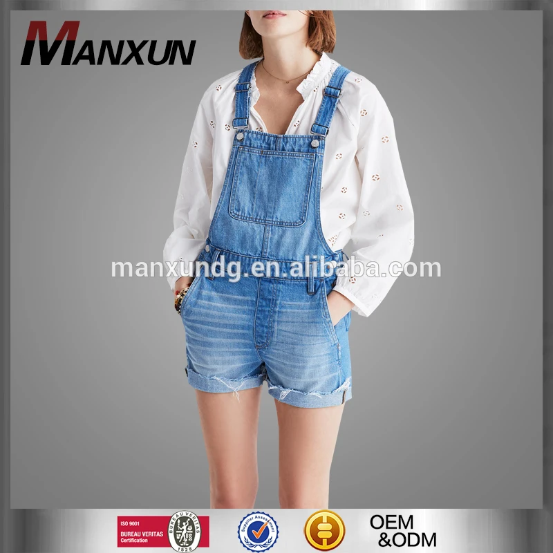 Dongguan wholesale Clothing Girl's Blue Denim Short Overalls Pretty One Piece Ladies Distressed Cut Off Denim Shorts