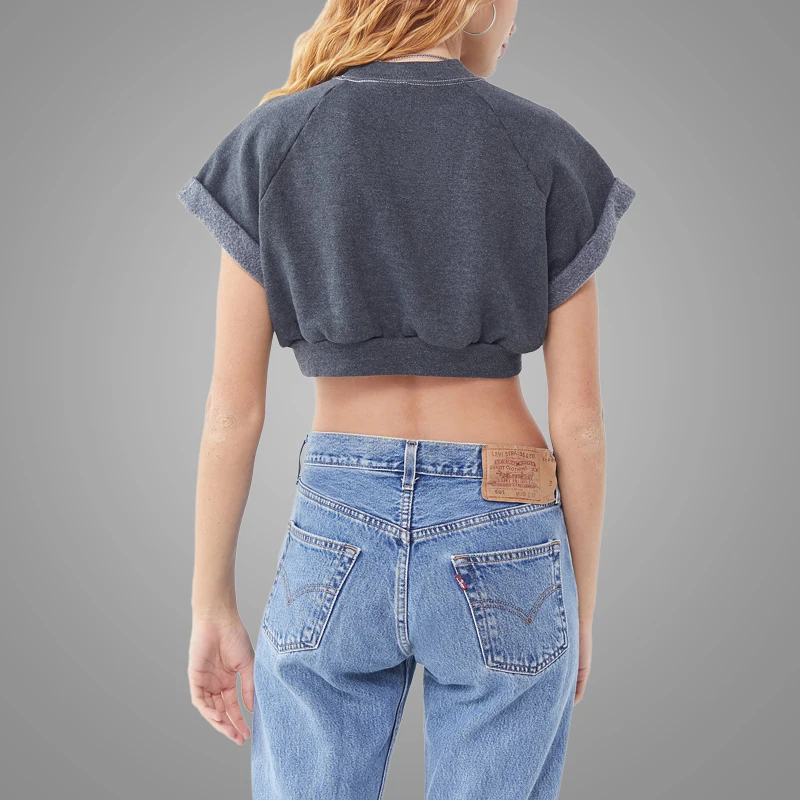 Wholesale Recycled Roll Sleeve custom Cropped Sweatshirt Women Blank Crewneck Sweatshirt Women 7