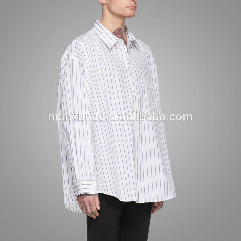 High Quality White And Blue Oversized Pinstripe Shirt Poplin Dress Shirts For Men 3