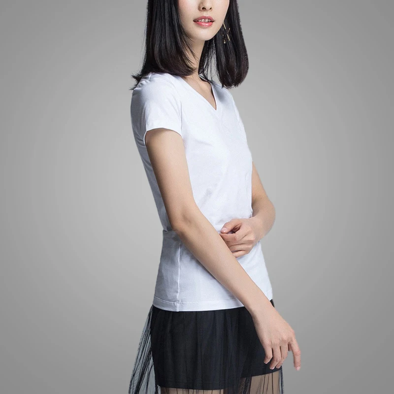 New V-neck Simple Slim Women Short Sleeve T-shirt Female White Plus Size Plain Cotton T-shirt 5