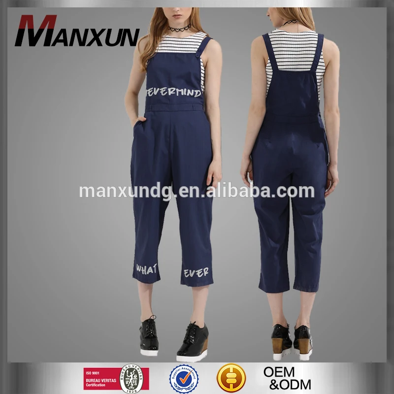 Latest Custom Slogan Adjustable Shoulder Strap Long Bule Denim Overalls Jumpsuit For Women