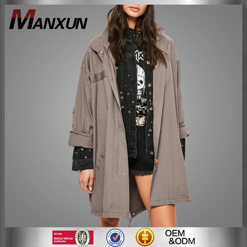 Custom Fashion Grey Floral Sequin Back Oversized Parka Coat Retro Fanky Hooded Trench Coat Jacket