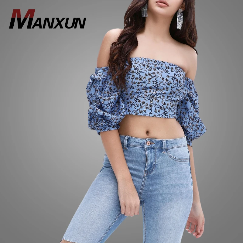 Top Fashion Off The Shoulder Floral Back Knot Crop Ladies Blouse Top 2018