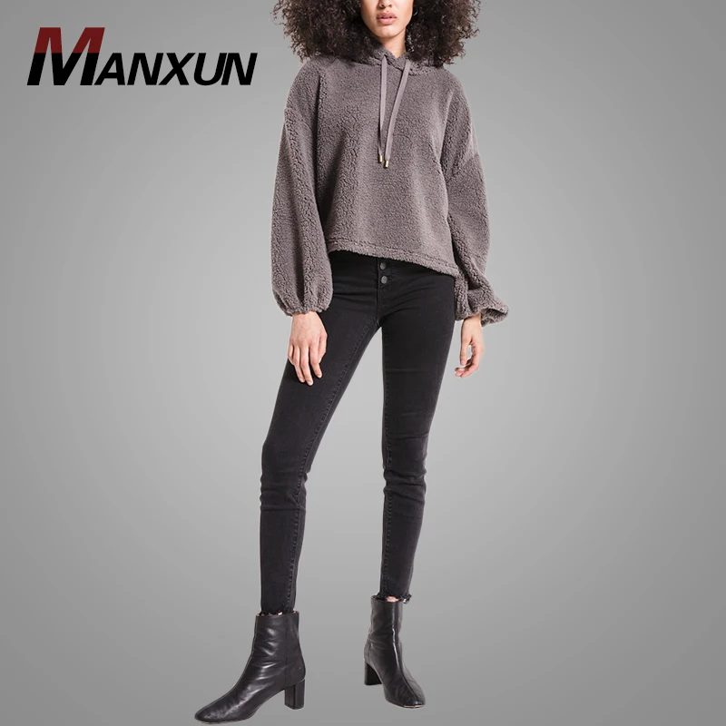 High Quality Cozy Soft Fur Sherpa Hoodie Sweatshirt Dropped Sleeves Elastic Cuffs Oversized Hoodie Women