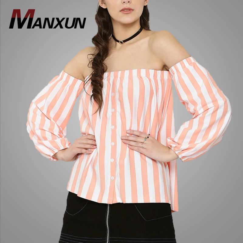 New Sweet Girls Pink And White Stripe Long Sleeve Beach Off The Shoulder Blouse Tops 2018