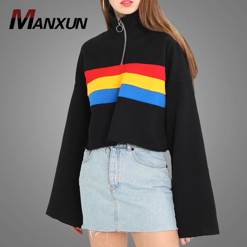 Dongguan Factory Custom Women New Trendy French Terry Crop Top Hoodies Fashion Striped Half Zip  Hoodies Sweatshirt