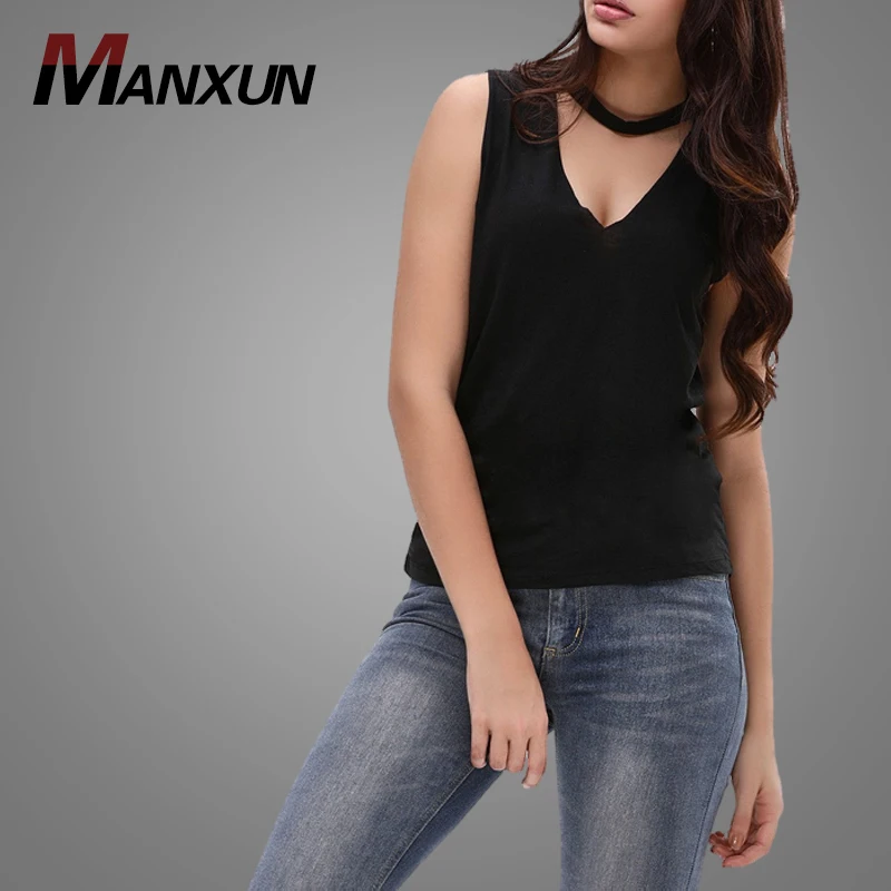 Custom Logo Choker Neck Design Cotton Knit Women Black Tank Top 2018