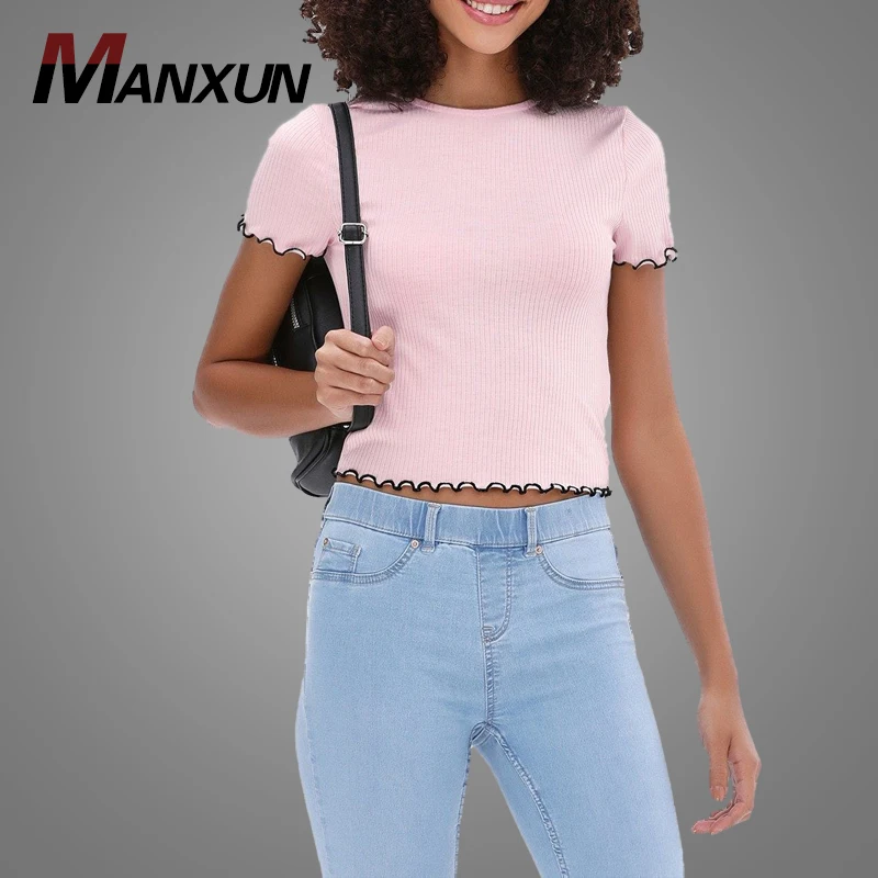 Customized Pink Cotton Ribbed Crop T Shirt Ladies Top Plain Short Sleeve Women Tshirt 2018