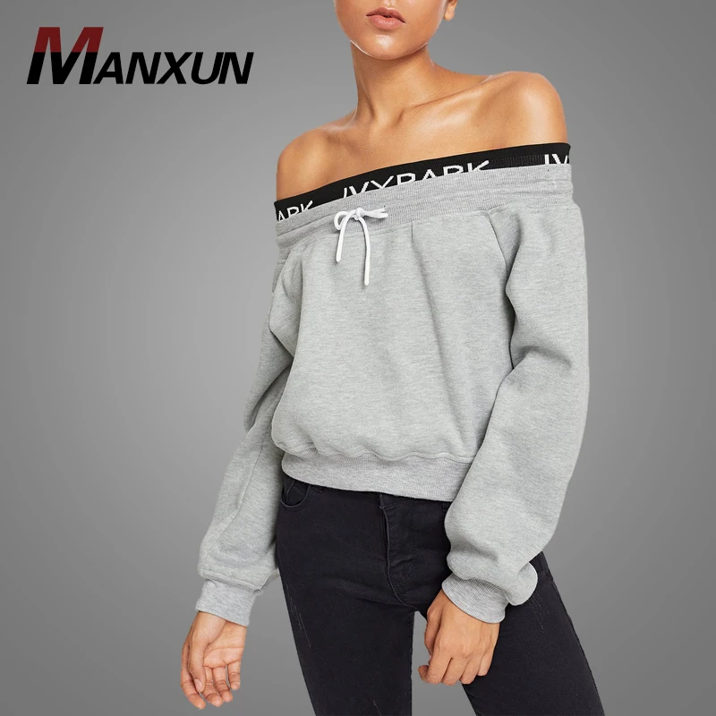 Custom Letter Print Off The Shoulder Grey Sweatshirt Cropped Long Sleeve Sweatshirt Women