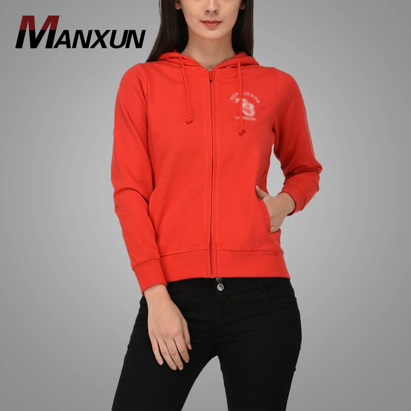 New Arrival High Quality Slim Fit Woven Fleece Women Jacket Custom Logo Red Zipper-up Hoodies with Hood