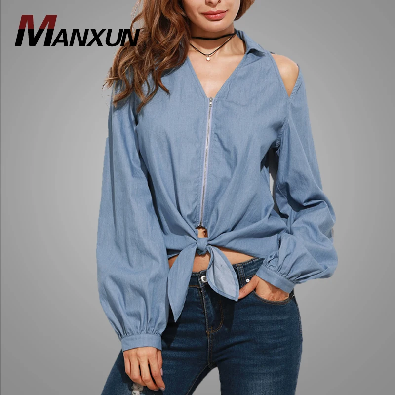 Latest Design Zipper Blouse Light Blue Denim Drop The Shoulder Long Sleeve Blouse Ladies Tops 2018