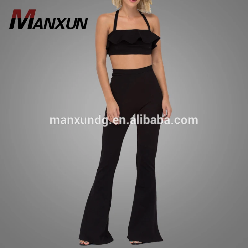 2018 New Stylish Two Piece Of Pants Back Cross Spaghetti Strap Halter Top With Flares Design Sexy Two Piece