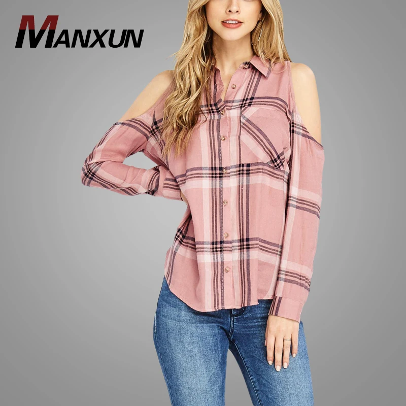 2018 Latest Custom Women Cold Shoulder Plaid Shirt Long Sleeves Shirts Hot Sell Ladies Blouse