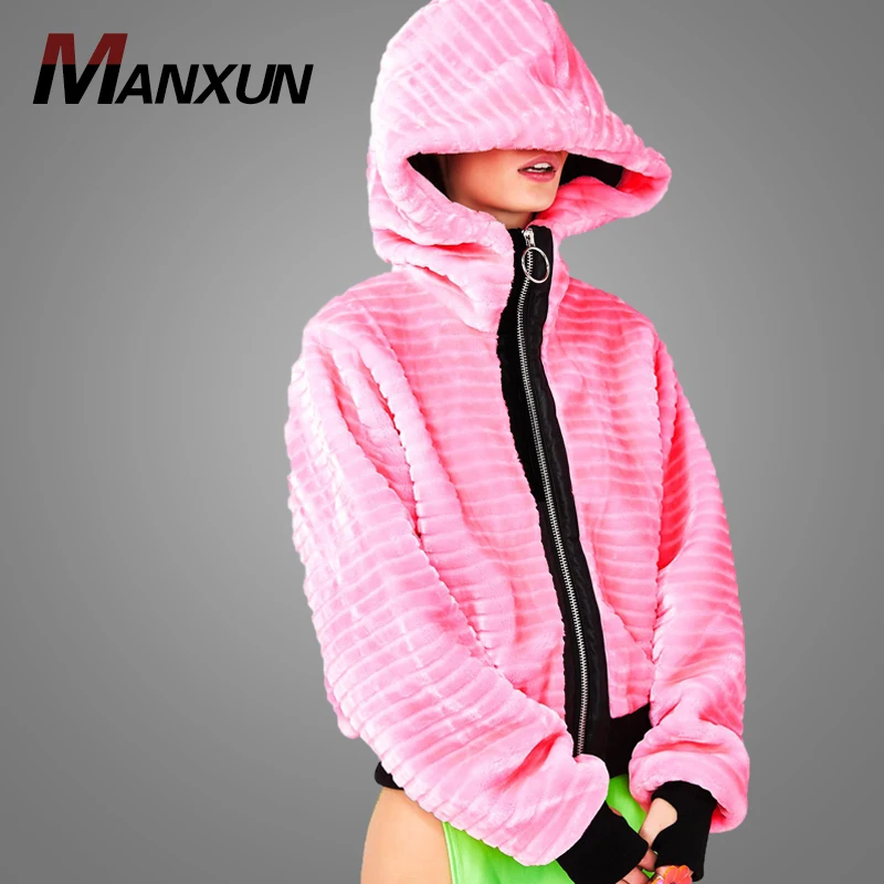 Hot Sale Pink Fuzzy Oversized Hood Jacket Bomber Women Fashion Fur Oversized Jacket 2018