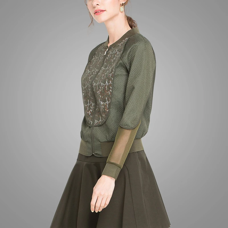High Quality Fashion Dark Green Faux Leather and Mesh Stitching Backless Hollow Sequins Retro Women Jacket 5