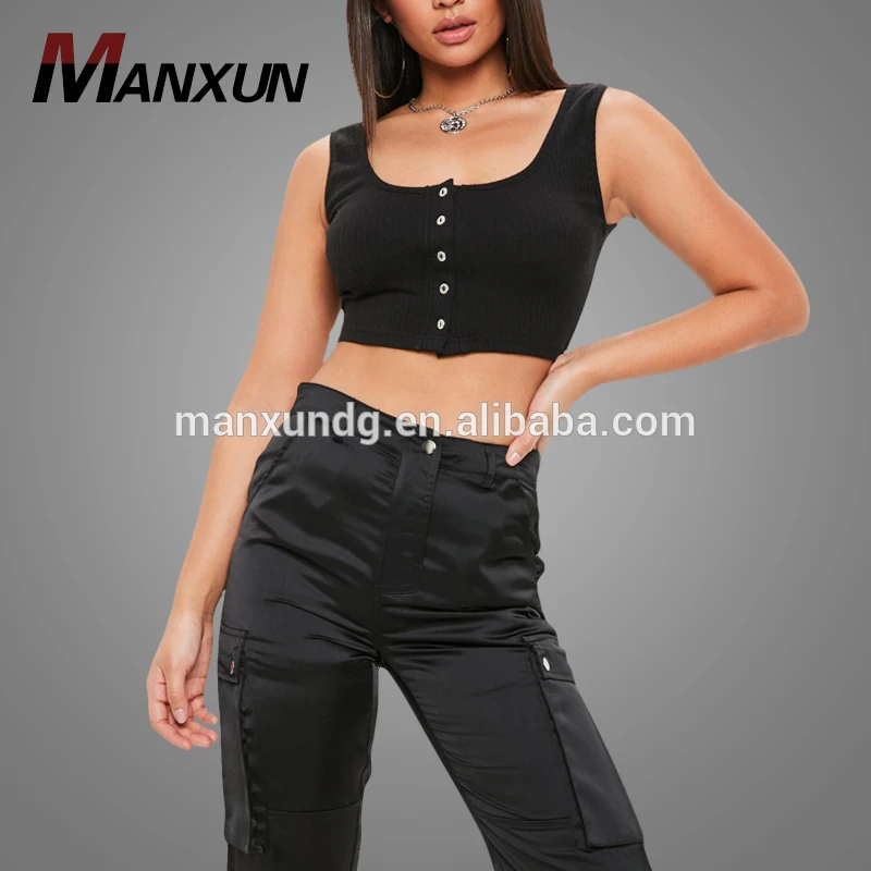 OEM Cheap Womens Clothes High Quality Button Front Ribbed Bralet Black Cotton Crop Top