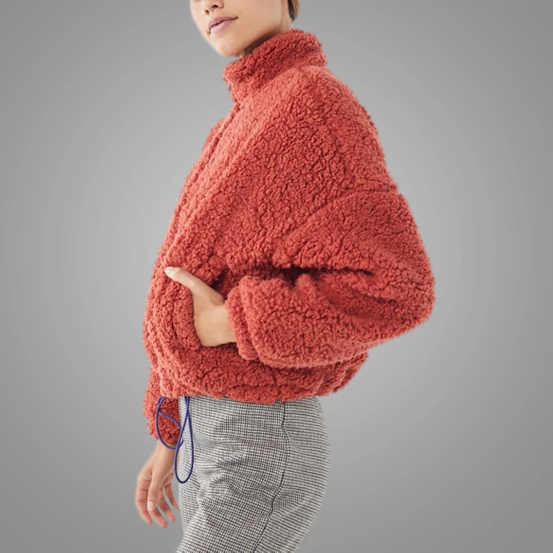 Wholesale Crop Drawstring Teddy Jacket Women Stand Collar Burgundy Solid winter jacketss for Women 5