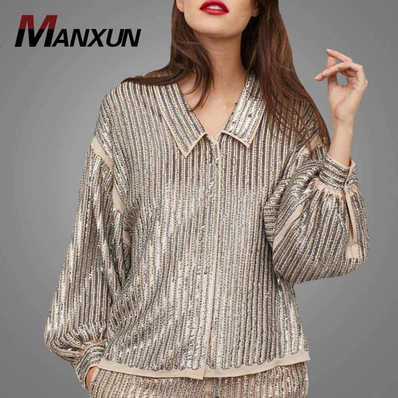 Autumn Korean Fashion Women Long Sleeve Blouses Sexy Gold Beaded Sequin Shirts Blouse Wholesale