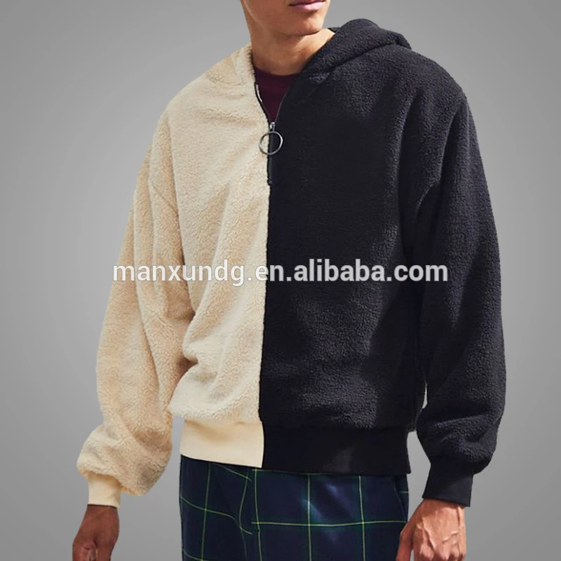 customized Winter Factory Price Mens Polyester Faux Fur Hoodies Sweatshirt Custom Half Zip Two - Tone Sherpa Hoodies