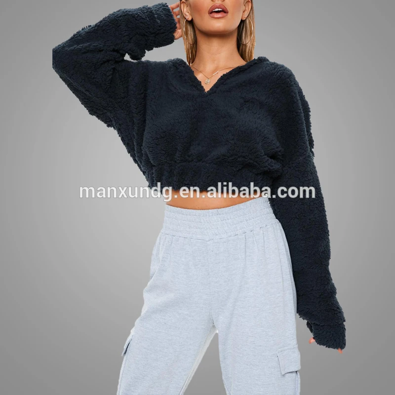High Quality Navy Teddy Fuax Fur V Neck Cropped Women Winter Sweatshirt Hoodies Tops