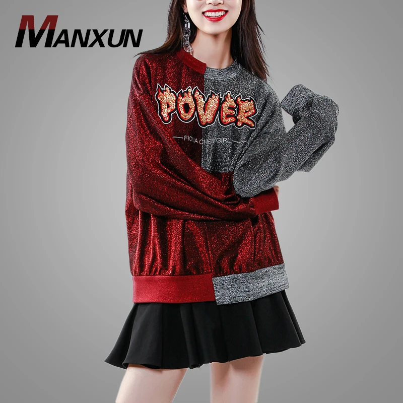 New Fashion Red and Grey Color Block Stitching Sequined Ladies Oversized Pullover Long Women Sweatshirt