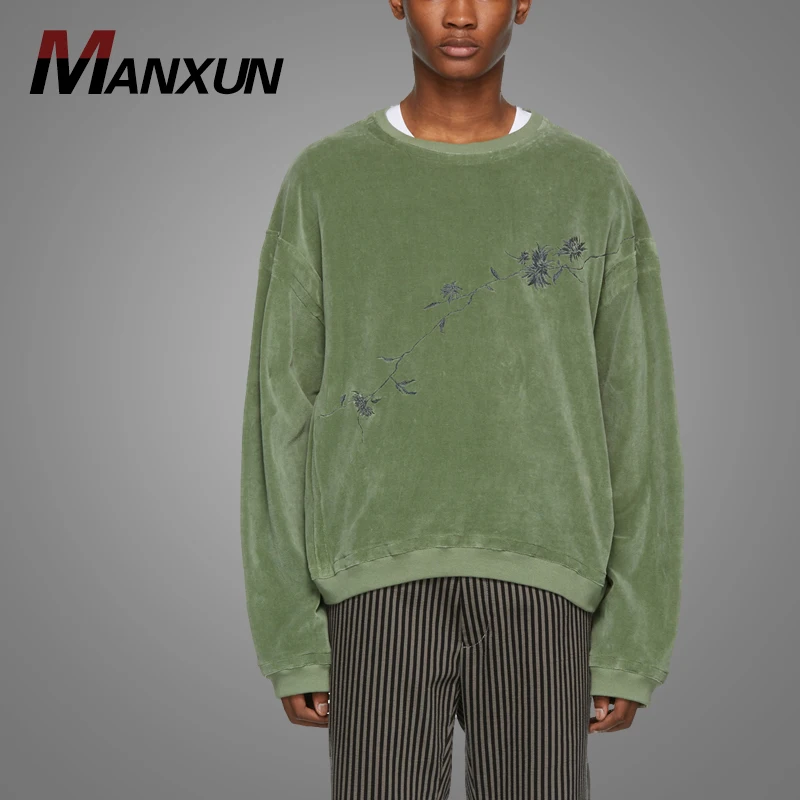 Wholesale New Green Floral Embroidered Sweatshirt Velvet Crewneck Fuax Fur Mens Sweatshirt