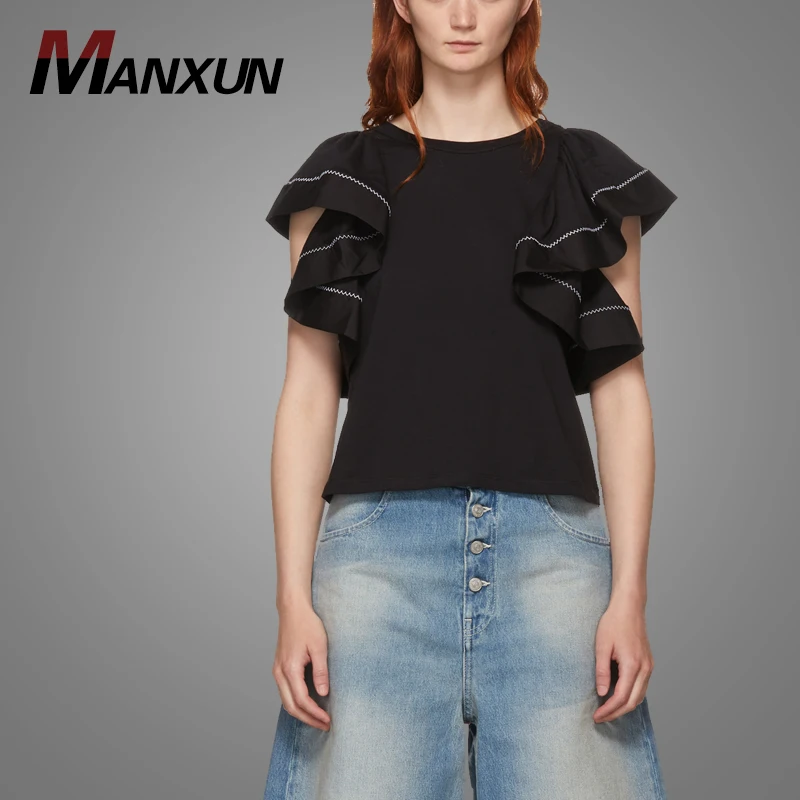 New Fashion Black Ruffled Cap Sleeve Ladies Blouse Jersey Girls Blouse 2018