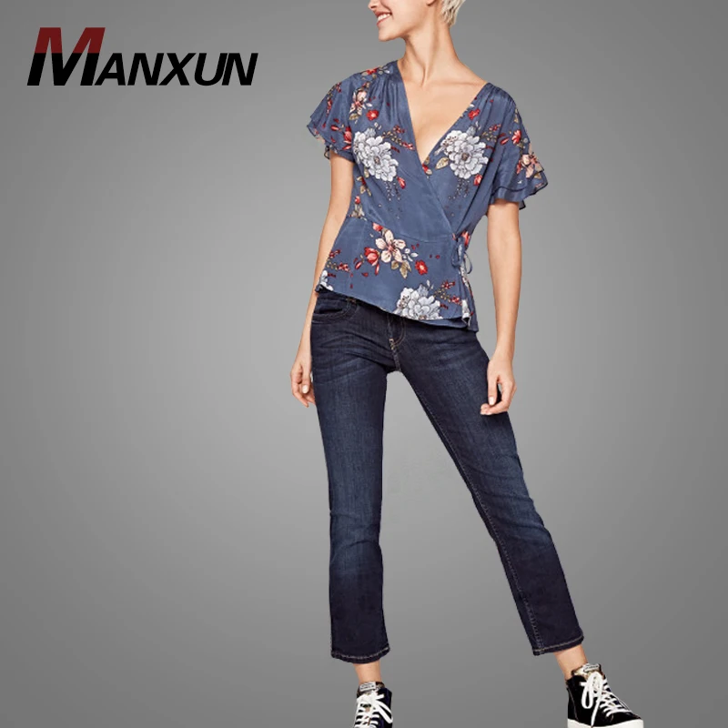 New Arrival Short Sleeve Europe Women Blouse Latest Fashion Print Ladies Summer V-neck Top Clothes