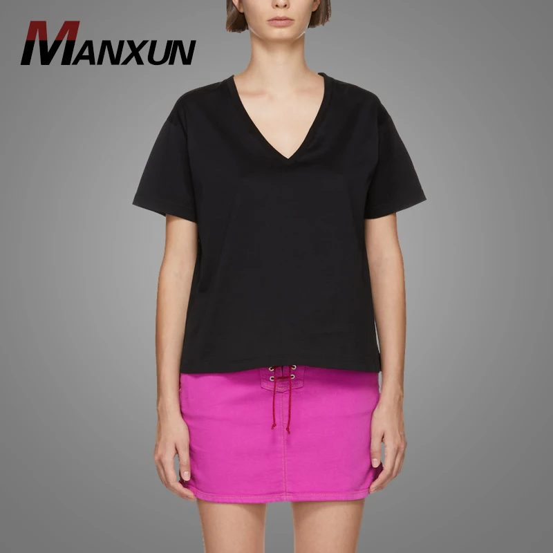 Wholesale Cheap Black V-Neck Jersey T Shirt Black Rib knit V-neck Collar Simple Plain Women T-Shirt