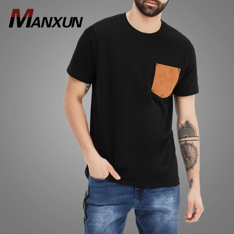 OEM Service Crew Neck T-Shirt With PU Patch Pocket Men T Shirt Yarn