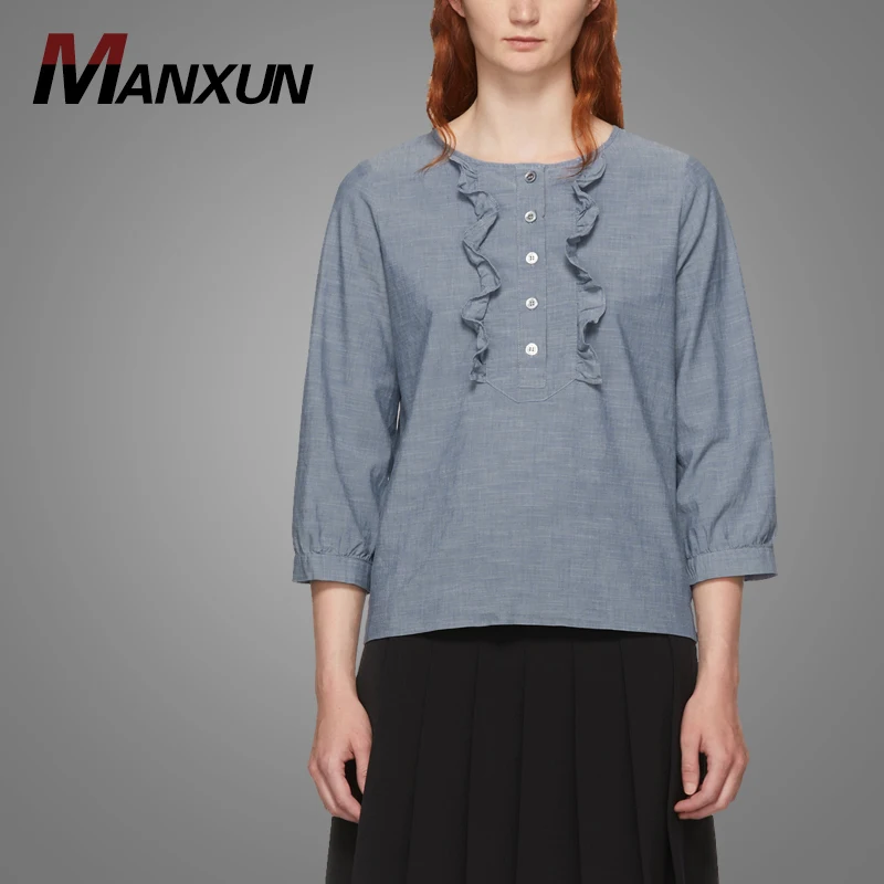 New Designer Blouse Cutting And Stitching Crewneck Collar Front Ruffled Lady Blouse & Top