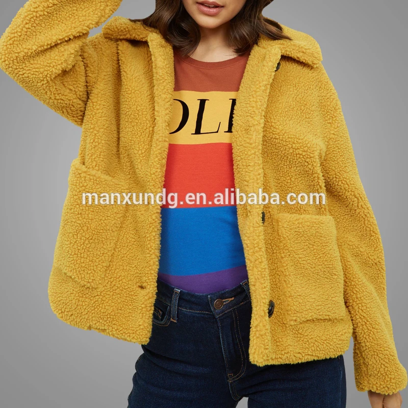 OEM Latest Design Plain Long Sleeve Winter Warm Faux Fur Hoodies Jacket Fashion Button Front Outerwear Coat Jacket With Pockets