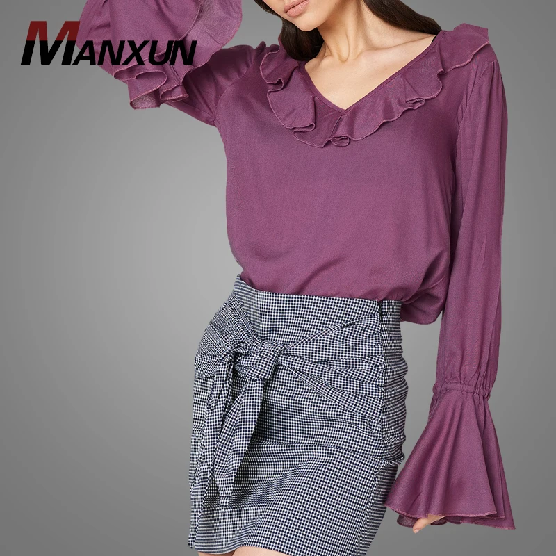 OEM Hot Sale Product Plain Purple Flounce Sleeve Elegant Crewneck Frill Blouse And Tops  Casual Chiffon Blouse Wholesale