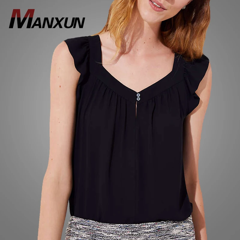 Wholesale Good Quality Women Sexy Deep V Neck Blouses Casual Black Tank Blouse Tops Tshirts