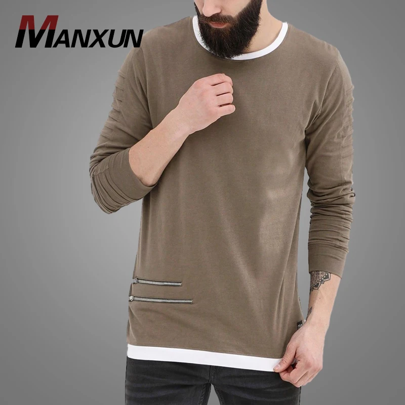 Wholesale Plain Slim Fit T-Shirt Pleats Zipper Design Long Sleeve Mens T Shirts 2019