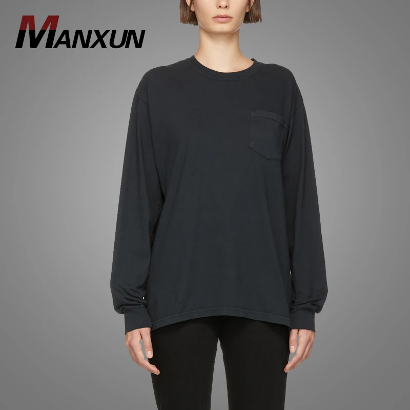 Wholesale Cheap Pocket Black T-Shirt Women Long Sleeve Sweatshirt T Shirts