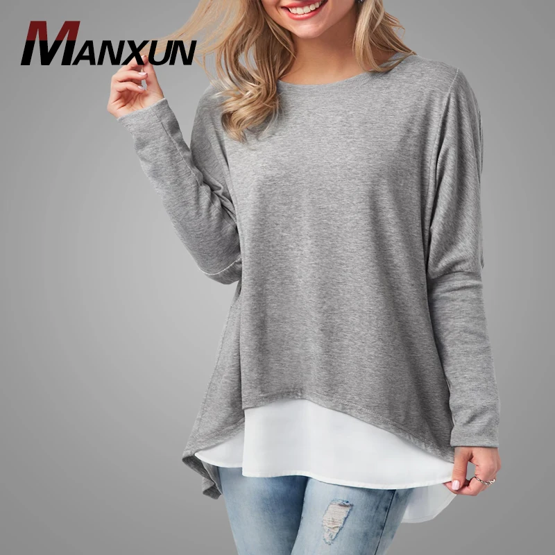 Grey Long Sleeve Button Back Patchwork Tshirt Wholesale Women T Shirt  Loose Tunic T shirt Blouse Tops